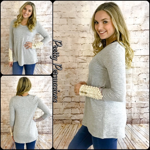 LAST ONE‼️Gray Long Sleeve Lace & Button Cuff Top - Picture 2 of 8